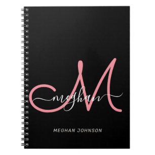 Caderno Espiral Modern Black Blush Pink Script Monogrammed