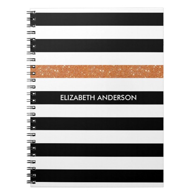 Caderno Espiral Modern Black Stripes FAUX Orange Glitz e Nome (Frente)