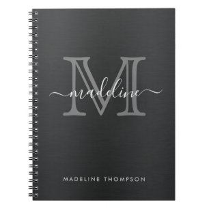 Caderno Espiral Modern Brushed Metal Black Gray Script Monogram