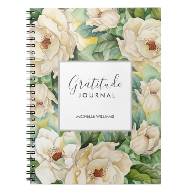 Caderno Espiral Modern Floral Magnolia Gratitude Nome do Diário (Frente)