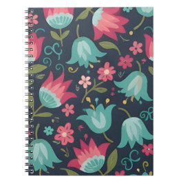 Caderno Espiral Modern Folk Art Floral - Teal & Coral Bell Flowers