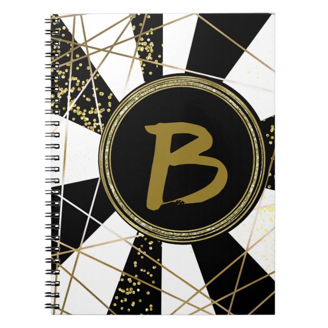 Caderno Espiral Modern Glam Deco Black White Dourado Girly Unique (Frente)