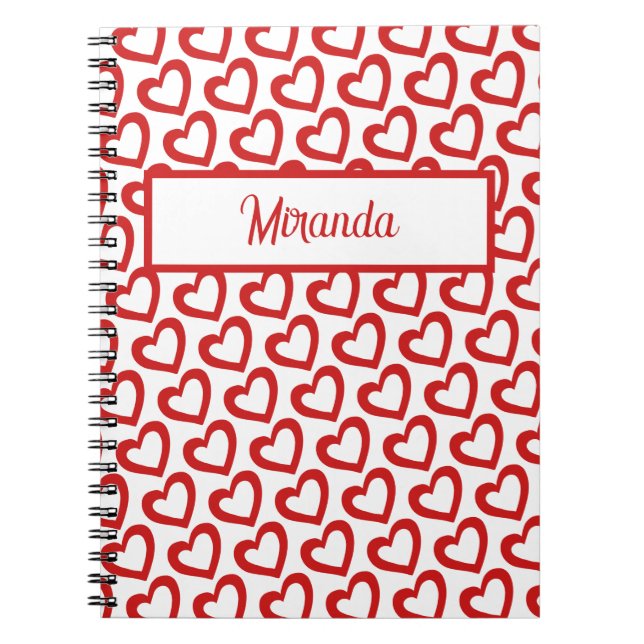 Caderno Espiral Modern Red Heart Valentines Custom Name (Frente)