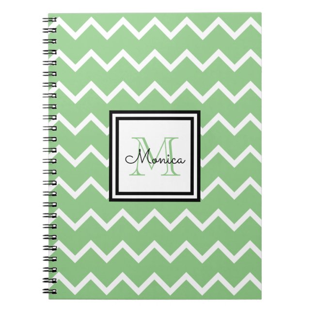 Caderno Espiral Modern Sage Green Chevron Com Nome Monograma (Frente)