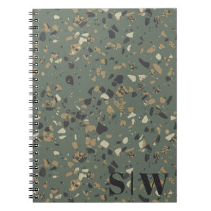 Caderno Espiral Modern Sage Green Tan Terrazzo Iniciais Monograma