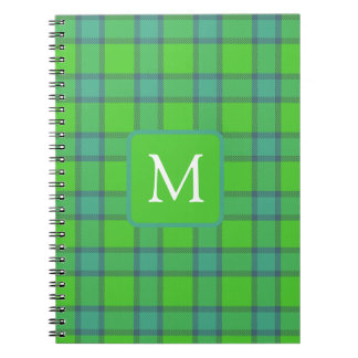 Caderno Espiral Modern stylish green &blue Plaid tartan monogram