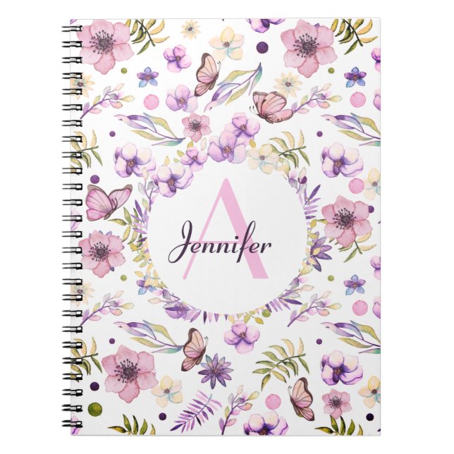 Caderno Espiral Modern Watercolor Floral Monograma Girly White (Frente)