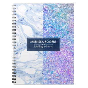 Caderno Espiral Moderno Brilho Colorido Mármore Branco e Azul