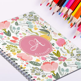 Caderno Espiral Moderno e feminino nome monogramado floral rosa