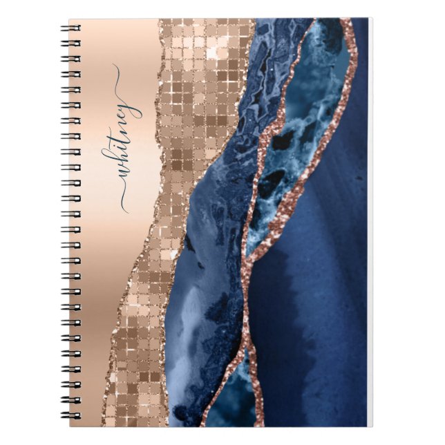 Caderno Espiral Moderno Indigo Blue Agate & Rosa Dourado Confetti  (Frente)
