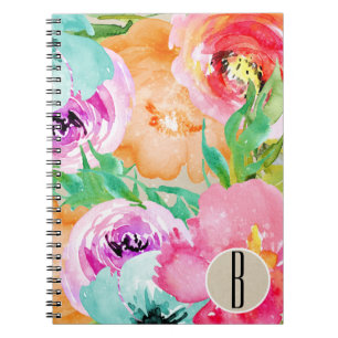 Caderno Espiral Moderno Kraft Floral Colorido Aquarela