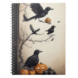 Caderno Espiral moderno vintage halloween skull e crow notebook