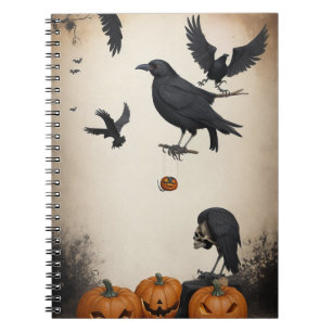 Caderno Espiral moderno vintage halloween skull e crow notebook