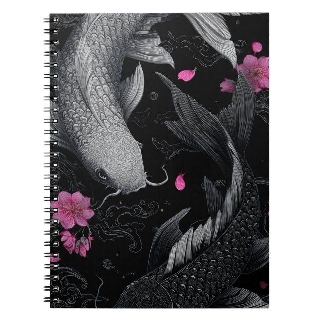 Caderno Espiral Modo Escuro de Peixe Koi Japonês (Frente)