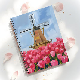 Caderno Espiral Moinho de Vento Holandês | Campo de Tulipas Aquare