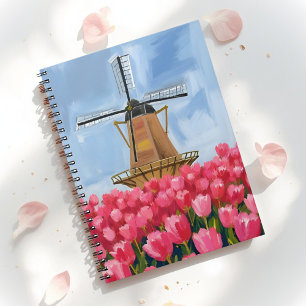 Caderno Espiral Moinho de Vento Holandês Campo de Tulipas Aquare