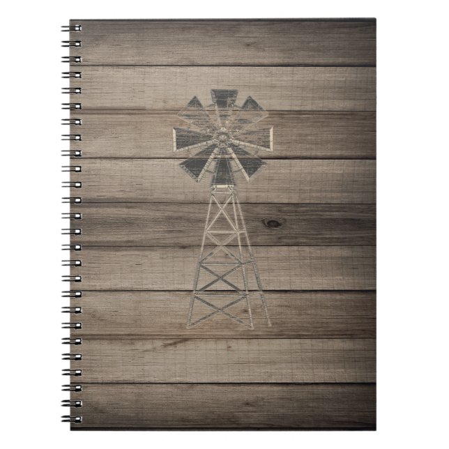 Caderno Espiral Moinho de Vento Rústico de Madeira Intemperizada (Frente)
