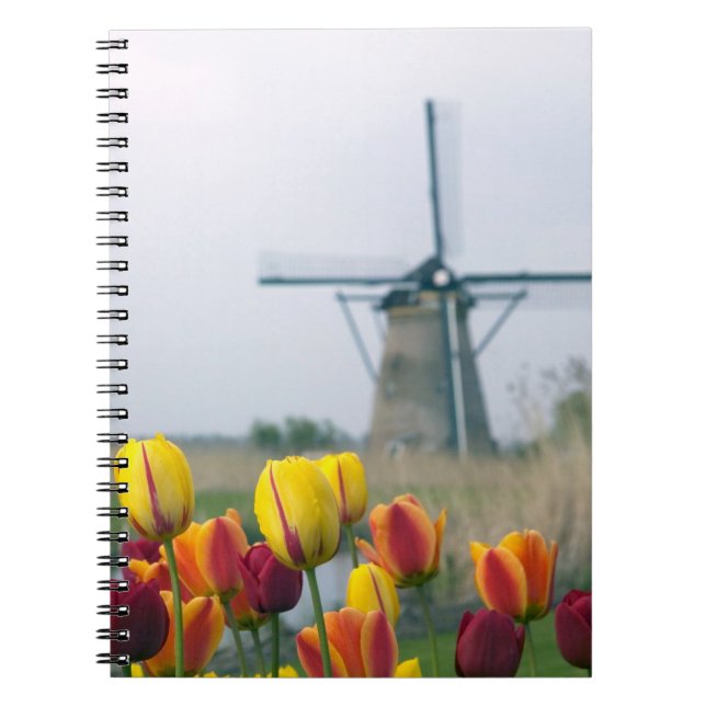 Caderno Espiral Moinhos de vento e tulipas ao longo do canal em (Frente)