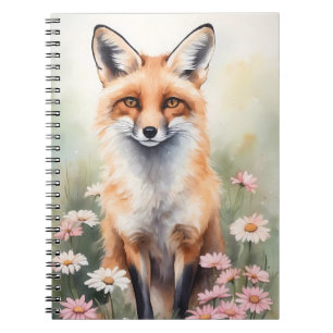 Caderno Espiral Mola Aquosa Pintando Raposa Com Flores Margaridas