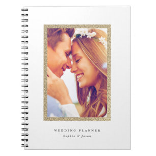 Caderno Espiral Moldura de Glitter Dourado Simples Foto Casamento