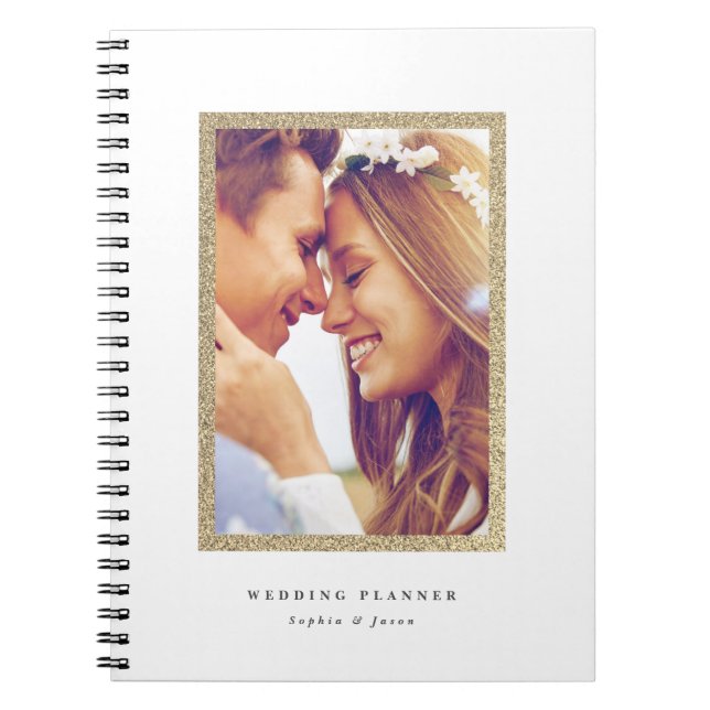Caderno Espiral Moldura de Glitter Dourado Simples Foto Casamento (Frente)