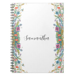 Caderno Espiral Moldura de peacocks com flores a aquarela