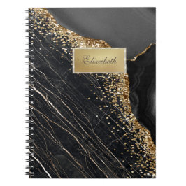 Caderno Espiral Moldura Dourada Moderna, Mármore Preto com Lantejo
