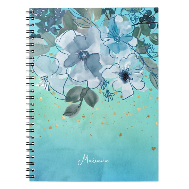 Caderno Espiral Molho Aqua Azul Turquesa Aquosa Aquarela Floral El (Frente)