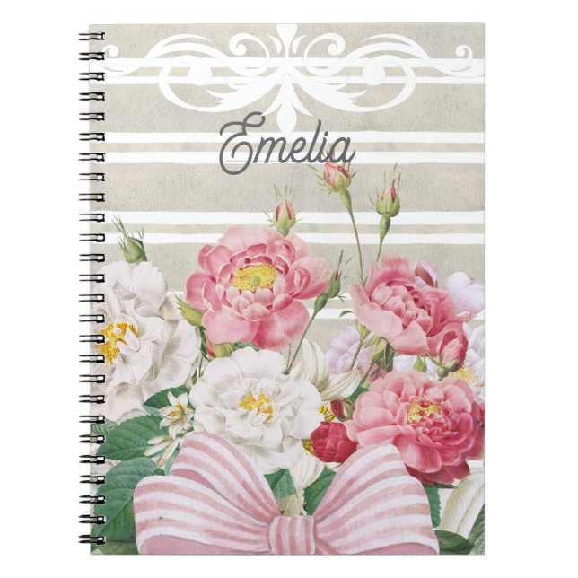 Caderno Espiral Monogram pretty floral Dusty stripes Grey pink (Frente)