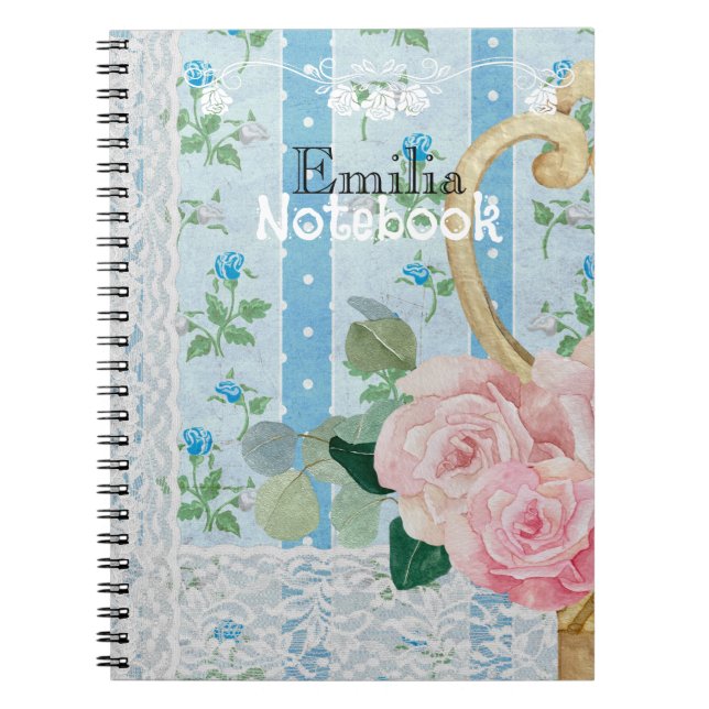 Caderno Espiral Monogram rustic floral pink Blue Antique artwork (Frente)