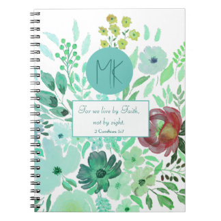 Caderno Espiral Monogram Scripture Aqua Green Watercolor Floral 