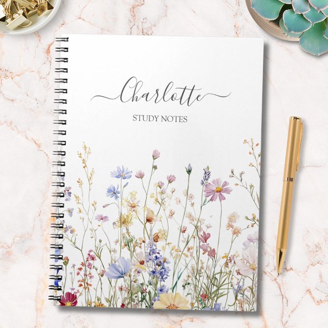Caderno Espiral Monogram Watercolor Rustic Pretty Wildflower Field (In situ)
