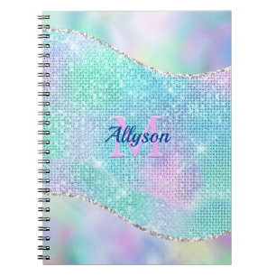 Caderno Espiral Monograma 3D, Nome, Sparkle Iridescente