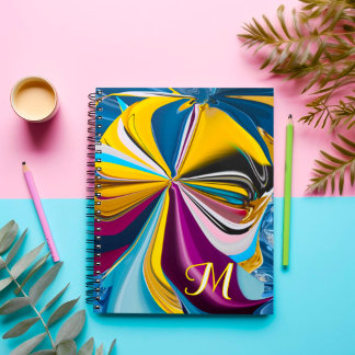 Caderno Espiral Monograma Abstrato Líquido 3D Azul Roxo Dourado