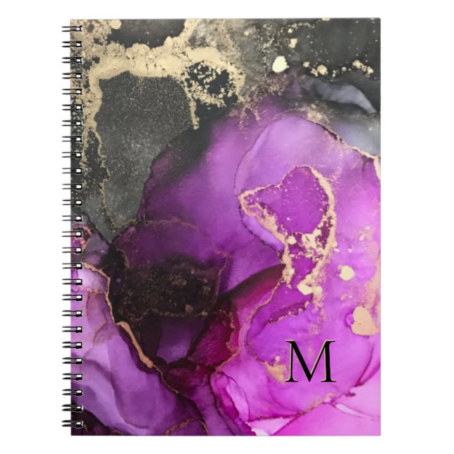Caderno Espiral Monograma Abstrato Rosa Preto Dourado Tinta Álcool (Frente)