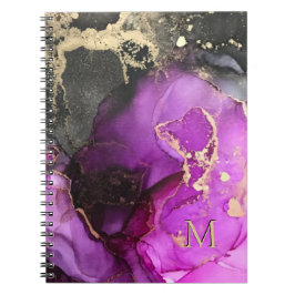 Caderno Espiral Monograma Abstrato Roxo Preto Dourado Tinta Álcool
