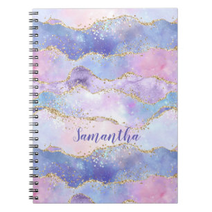 Caderno Espiral Monograma Ágata Brilho Azul Rosa Roxo Fashion