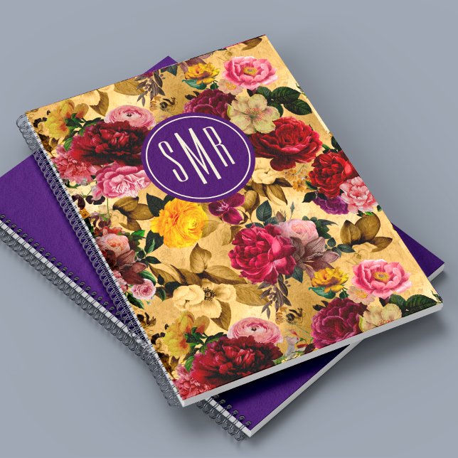 Caderno Espiral Monograma amarelo de flores rosadas elegantes (Criador carregado)