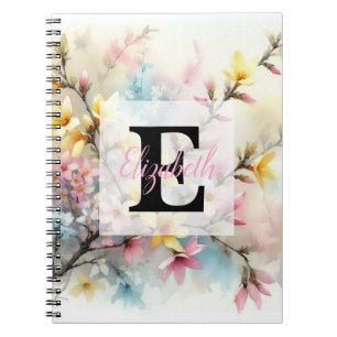 Caderno Espiral Monograma aquarela flores cor-de-rosa amarelas da 