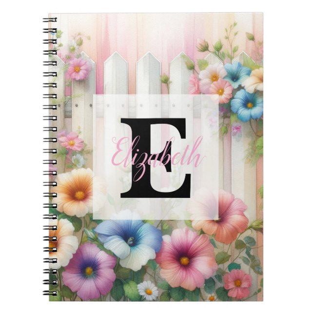 Caderno Espiral Monograma aquarela pastéis flores em madeira branc (Frente)