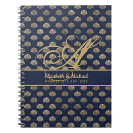 Caderno Espiral Monograma ART Deco Azul Marinho Dourado Conchas Re