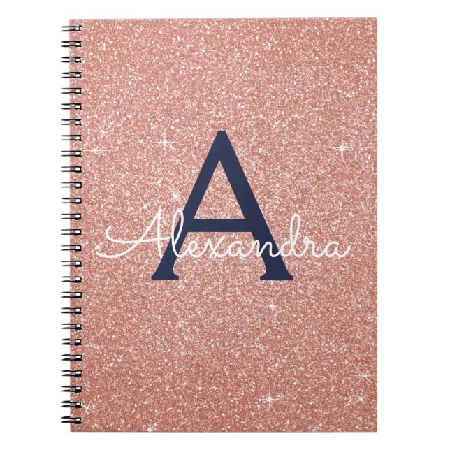 Caderno Espiral Monograma azul brilhante de Marinho Dourado rosa (Frente)