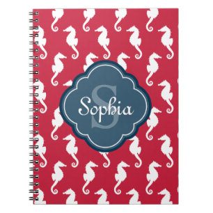 Caderno Espiral Monograma Azul de Patterno Vermelho Único