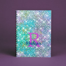 Caderno Espiral Monograma azul de purpurina falsa iridescente de u