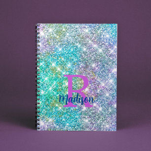 Caderno Espiral Monograma azul de purpurina falsa iridescente de u