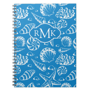 Caderno Espiral Monograma azul do teste padrão da praia