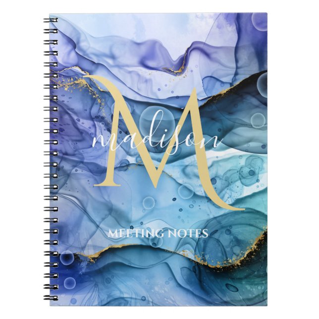 Caderno Espiral Monograma Azul e Dourado Tinta Alcoólica Fluida Ab (Frente)