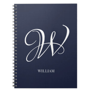 Caderno Espiral Monograma Azul-Marinho Elegante Personalizado Inic