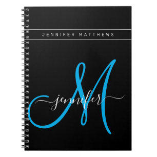 Caderno Espiral Monograma Azul Preto de Script Elegante Personaliz