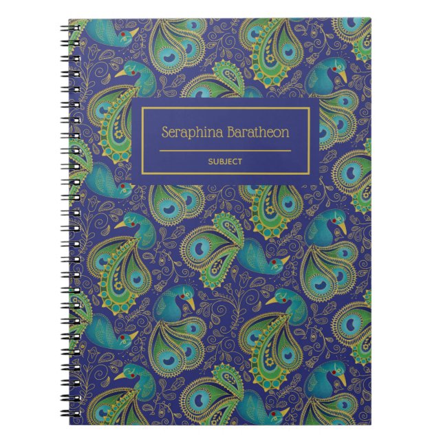 Caderno Espiral Monograma Azul Real Paisley Pavão (Frente)